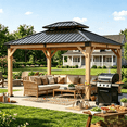 thumbnail image 5 of Clouddwell 10' x 12' Wood Gazebo with Double Roof, Hardtop Metal Roof Outdoor Patio Gazebo Canopy for Backyard, Deck, Lawn & Garden, 5 of 9