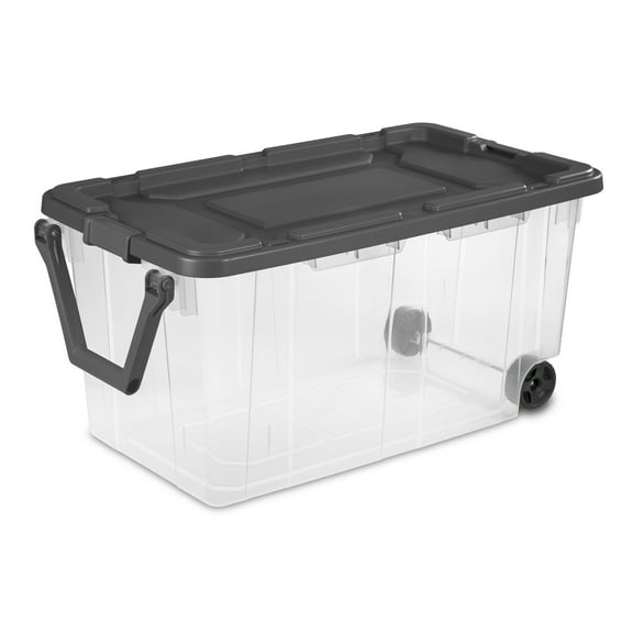 Sterilite Extra Large Wheeled Storage Bin, 160 Quart Durable Clear Storage Container with Latch Lid and Pull Handle, Dark Gray