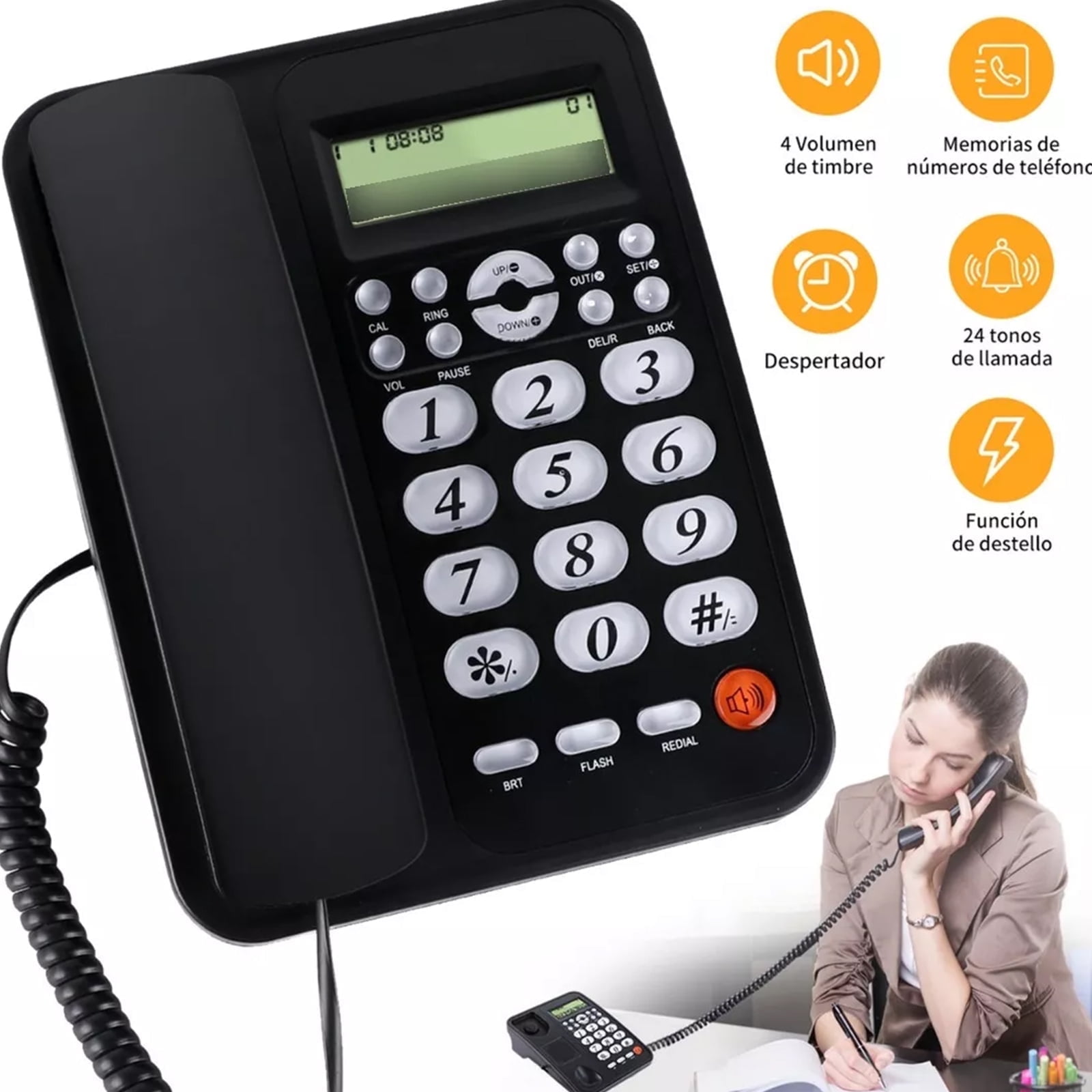 Corded Phone, Dual Interface Wired Telephone with Display & Big Button, Corded Landline Telephone Desk Phone, House Phone for Home Office Seniors Elderly, Black