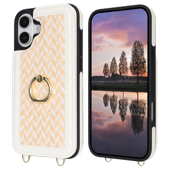 Wallet Case for iPhone 16 Plus, PU Leather Purse with Crossbody Strap Pocket Card Slots Holder 360° Ring Kickstand Protective Cover for Women Case for iPhone 16 Plus, RFID Blocking, White