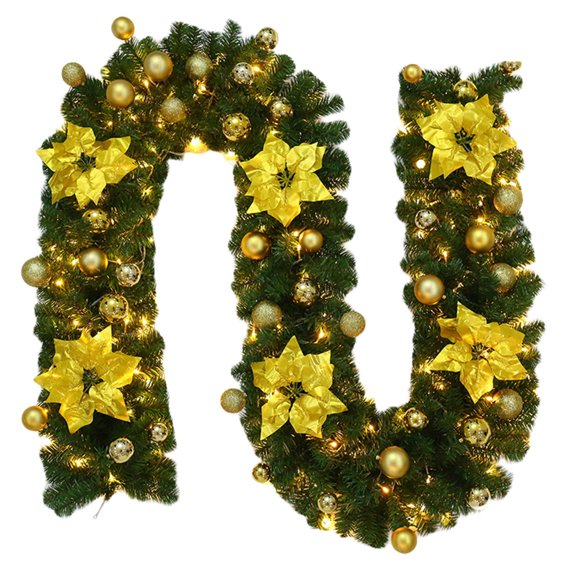 Battery Operated Christmas Garland 8.8ft with Lights Artificial Poinsettia Vine with Ornaments LED Illuminated Rattan Decor for Fireplace Staircase Doorway Outdoor Indoor Holiday Decoration