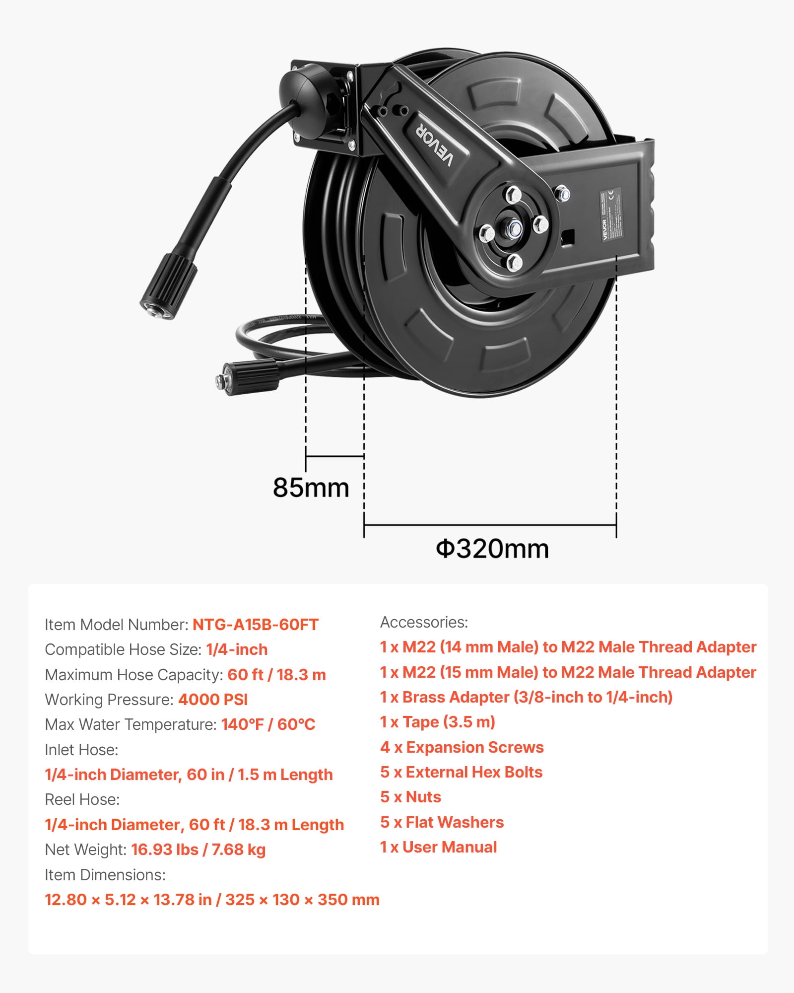 VEVOR Pressure Washer Hose Reel, 60 ft x 1/4 inch Retractable Power Heavy-Duty Steel Washer Hose Reel, 4000PSI Max, Auto-Rewinding, Flexible Wall/Floor Mounted for Car Washing,Garden,Floor Cleaning