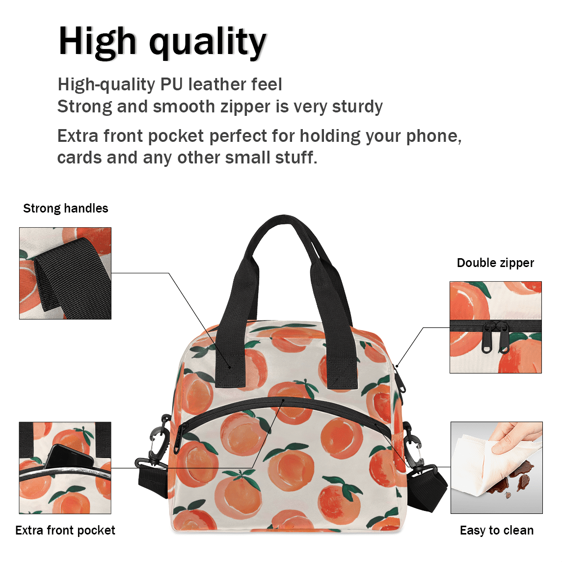 Herdesigns Peach Insulated Lunch Bag for Women Men Adults Large Reusable Lunch Box Cute Fruit Leakproof Cooler Tote Bags with Adjustable Shoulder Strap