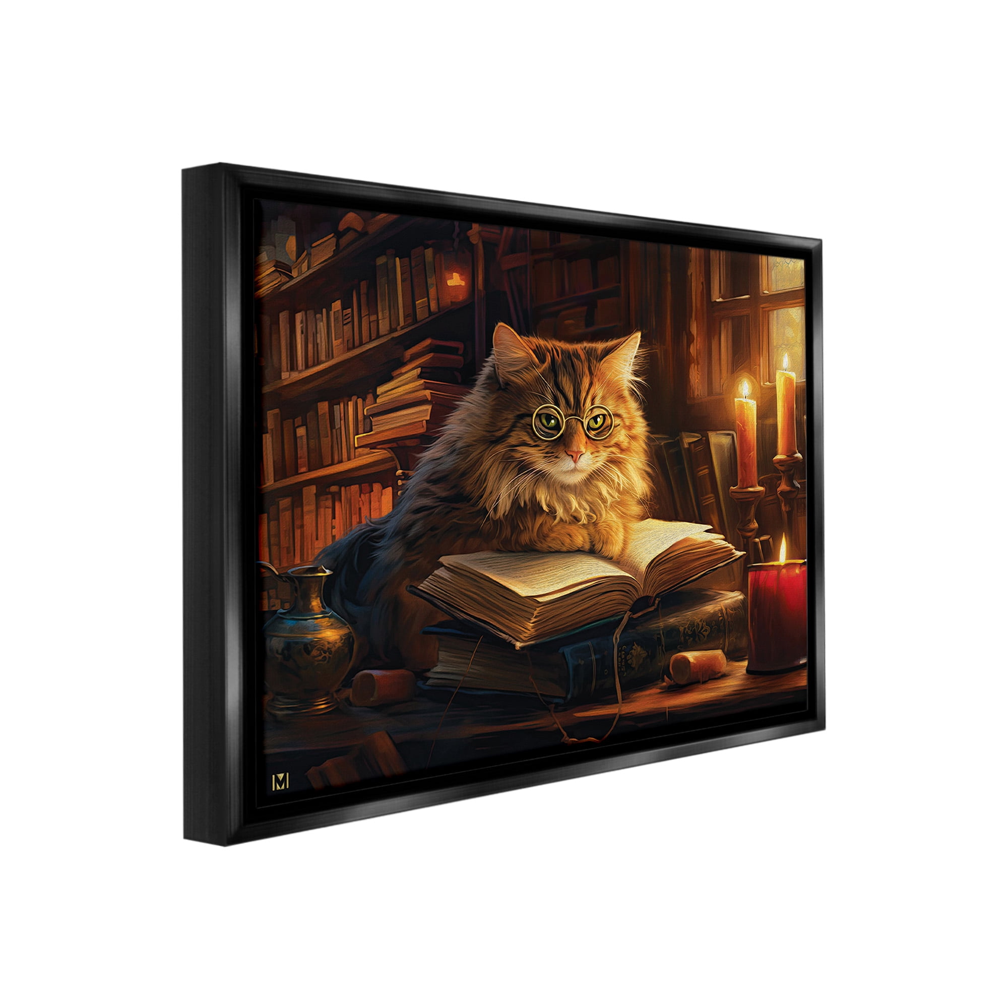 Stupell Industries Cat Reading by Candlelight Animals & Insects Painting Black Floater Framed Canvas Art Print Wall Art, 31 x 25