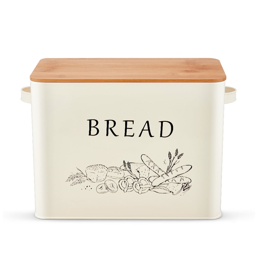 Walchoice Bread Box with Bamboo Lid for Kitchen Countertop, Farmhouse Metal Bread Storage Container Organizer, 13” x 7.2” x9.8” - Cream