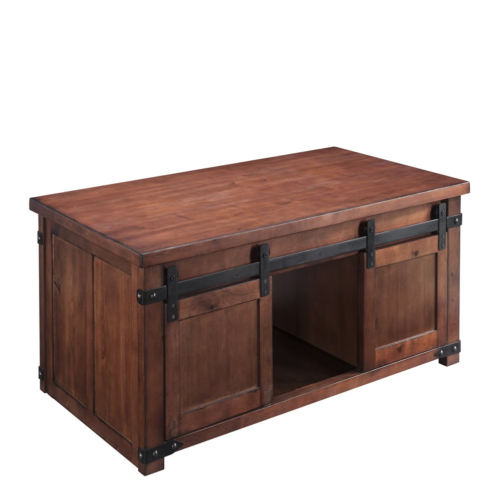 Private Jungle Modern Farmhouse Coffee Table, Rectangular Cocktail Table, Side End Table With Storage Shelf and Sliding Barn Doors