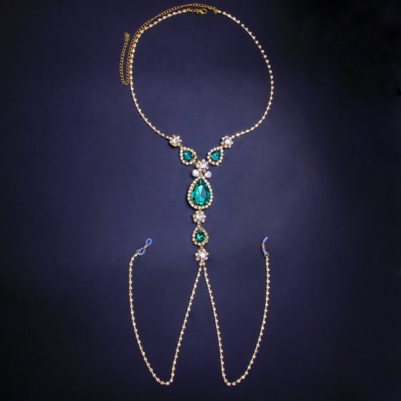 EOEMY Sexy Green Diamond Nipple Chain Adult Sexy Rhinestone Full Body Chain-Emerald-Gold Plated