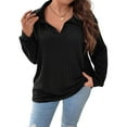 thumbnail image 3 of Women Plus Size Casual Knit Sweater Lapel V Neck Solid Color Tops Light-Weight Long Sleeve Blouses Black XXL, 3 of 9