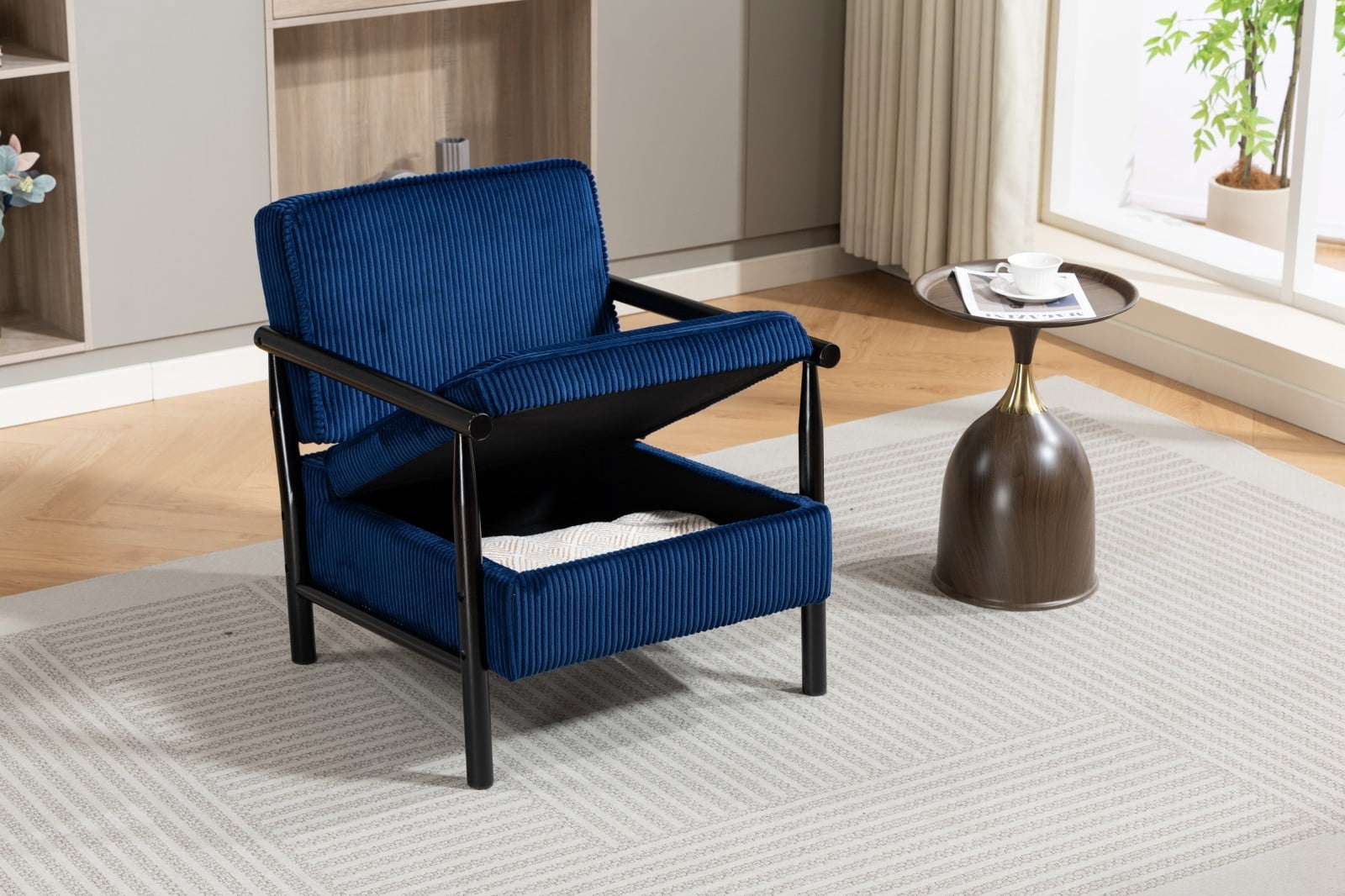 Storage Accent Chair Mid Century Modern Upholstered Armchair with Wood Frame & Waist Cushion for Living Room Bedroom Sunroom, Antique Blue