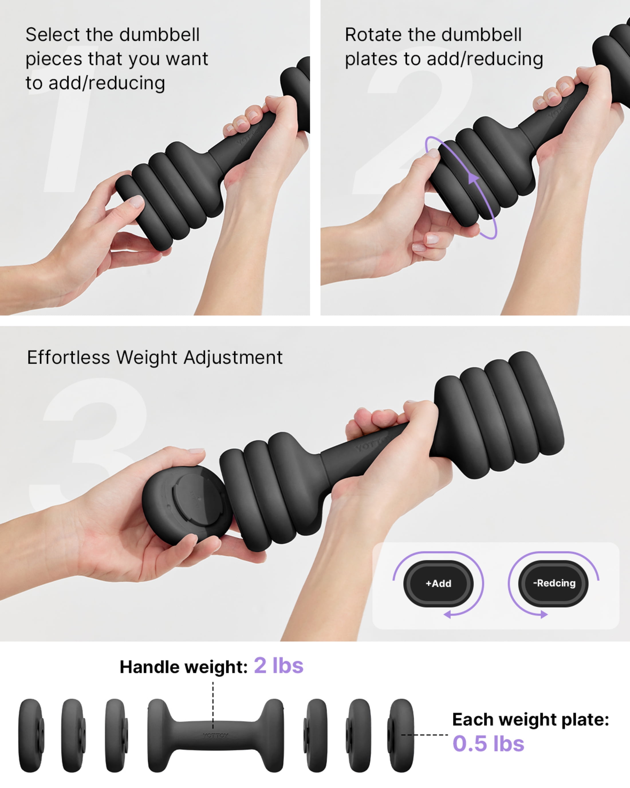 YOTTOY Adjustable Dumbbell Set, Pair 4-in-1 Hand Weights 2–5 lb Each — Compact Free Weights with Soft Grip & Base for Women's Home Gym,BLACK