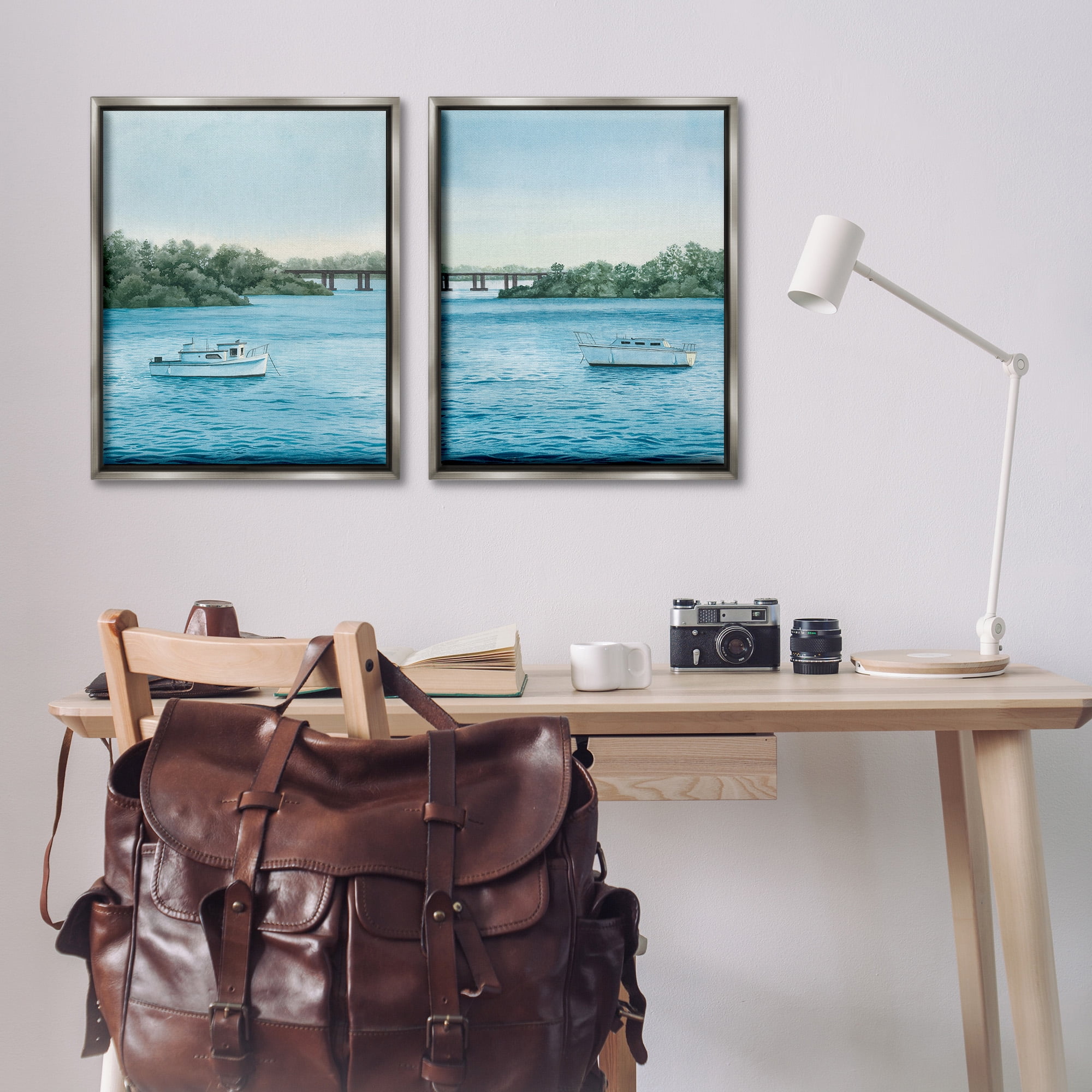 Stupell Industries Serene Summer Boats Landscape Painting Gray Floater Framed Canvas Art Print Wall Art, 25 x 31, Set of 2