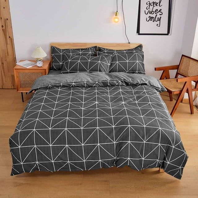 SUTENGDA 4 Piece Queen Comforter Set Plaid Bedding Comforter Set Black and White Grid Geometric Quilt Set Soft Lightweight Down Alternative Bed Set(Light Blue)
