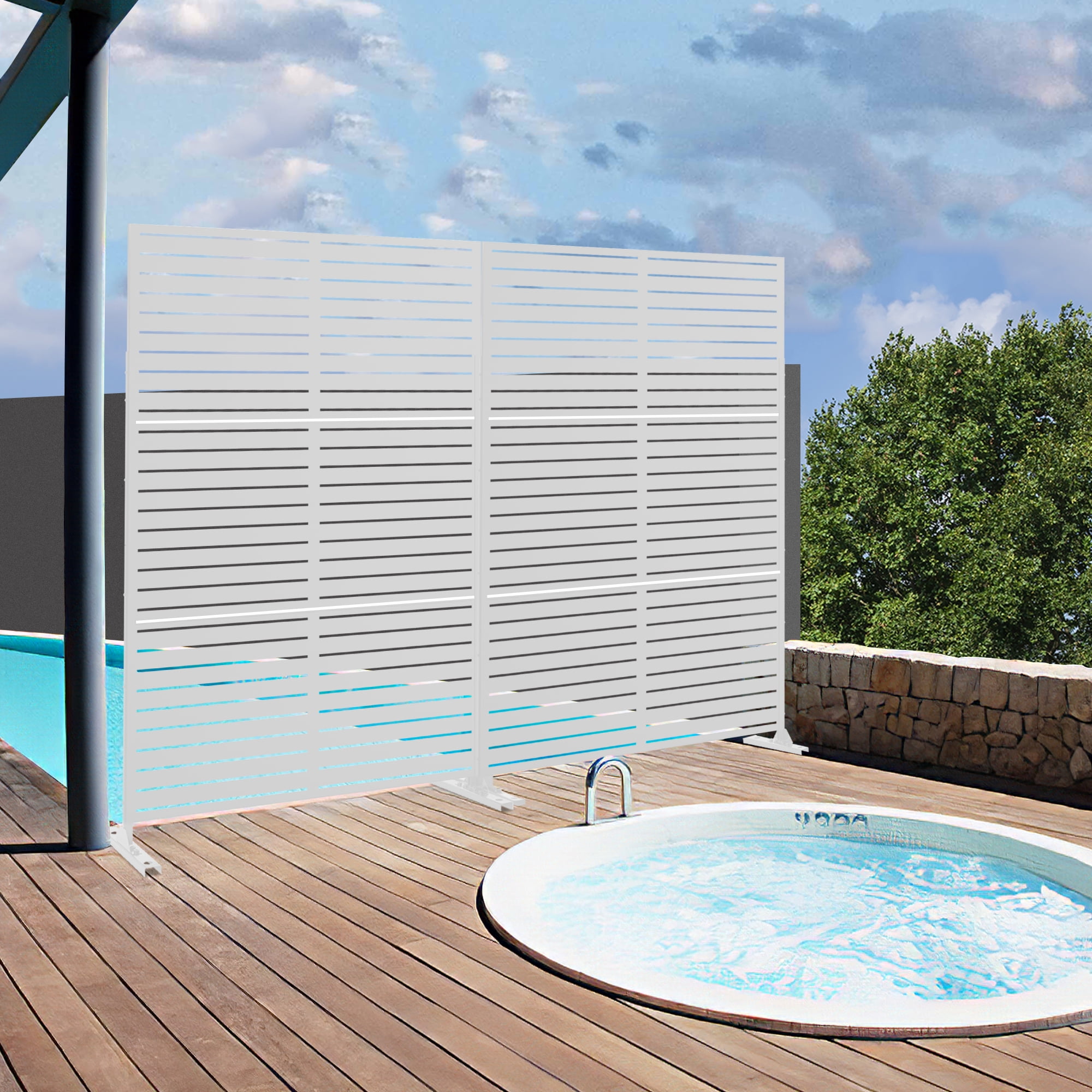 MAYEERTY 72×47" Outdoor White Metal Privacy Panel Screen for Backyard & Garden, Louvered Pattern