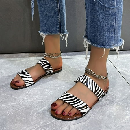 

〖Yilirongyumm〗 Black 37 Sandals Women Fashion Summer Women Sandals Flat Snake Print Leopard Print Open Toe Breathable Comfortable Casual Beach Style