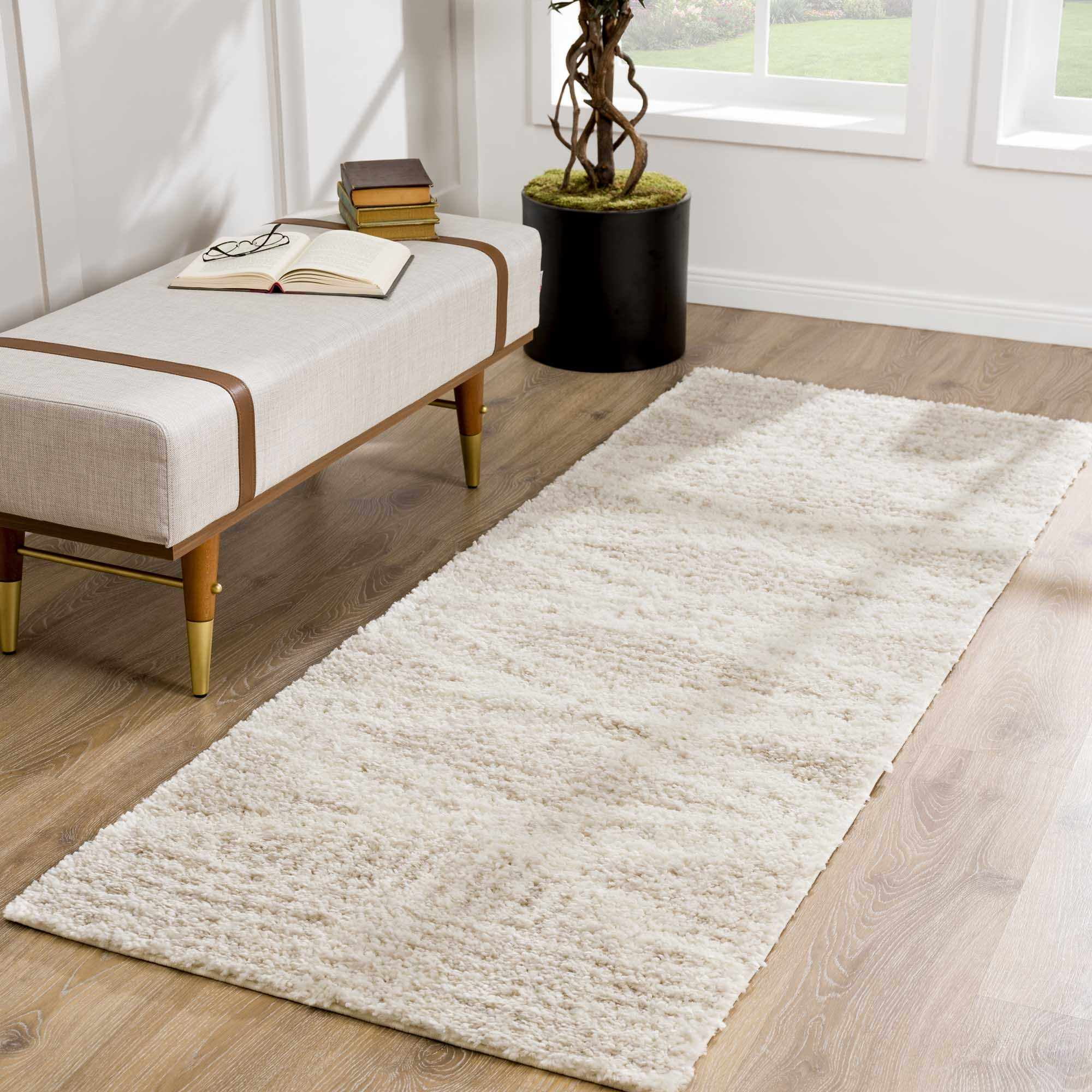 Hauteloom Galaxy Shag Living Room, Bedroom Area Rug - Bohemian, Transitional - Plush Pile - Light Beige, Cream - 4'3" x 5'7"