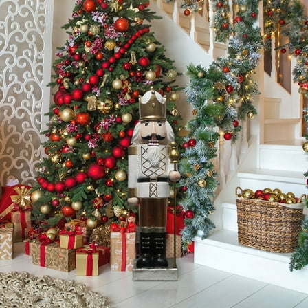 Fraser Hill Farm 48-In. Nutcracker Holding Staff MGO Figurine, Festive Indoor Christmas Holiday Decorations, White/Gold, FFMG048-0NC-GLD