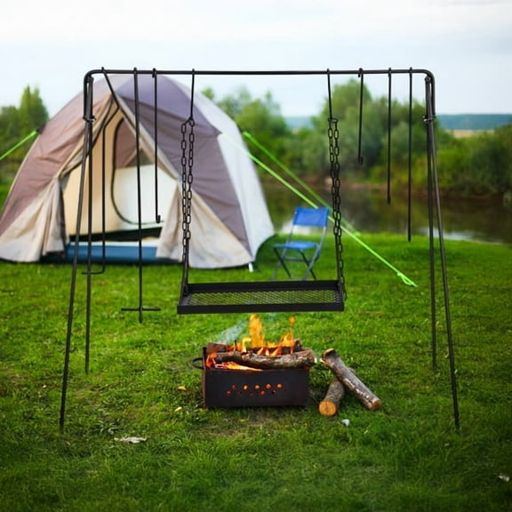 Grill Swing Campfire Grill Stand, Steel A-Frame, Adjustable Swing Grate, 6 Hanging Hooks, Foldable with Carry Bag for Camping/Bonfires