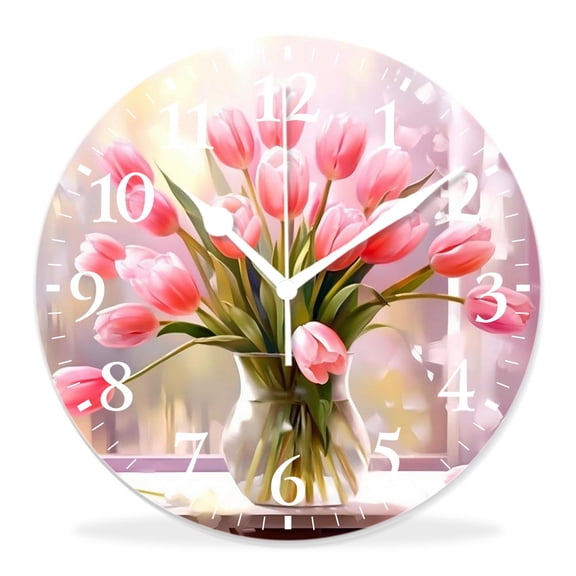 14 Inch Wall Clock Battery Operated Silent Clock Decorative for Office, Kitchen, Outdoor, Living Room，Spring Tulip Flowers Print