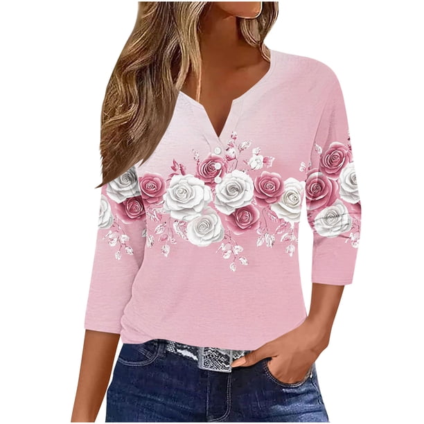 Blusas para las Mujeres Casual Impreso 3/4 Mangas V-Cuello Botón Ocio Top Blusa Tops para las Mujeres