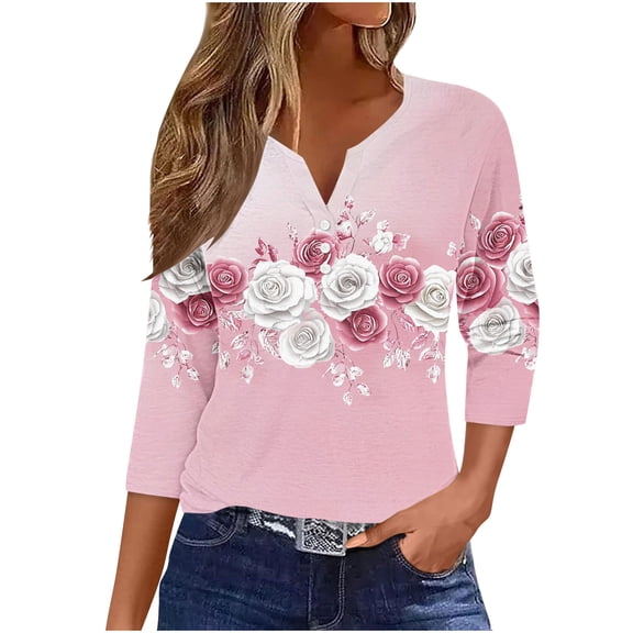 YUGYXL Womens 3/4 Sleeve Tops Trendy Summer T Shirt Casual V Neck Pullover Button Printed Blouse Plus Size Tees Pink M