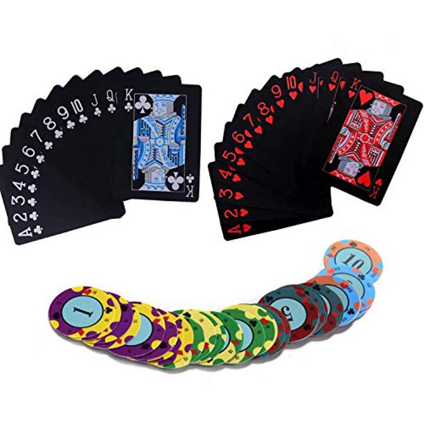 Waterproof Poker Playing Cards Plastic with Chips [2Deck] Games Cards  Classic Magic Trick Tools Pure Black Color for Casino Gambling Leisure in  Good ...