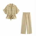 thumbnail image 5 of IUYRTFE Women Short Sleeve Button Down Shirt and Wide Leg Pants Set with Pockets Casual 2 Piece Outfit, 5 of 7