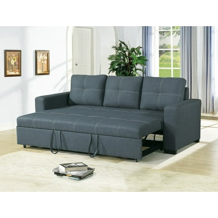 Convertible Sofa Bed Bobkona Living Room Sofa w Pull out Bed Accent Stitching Comfort Couch Blue Grey (Best Pull Out Sofa)