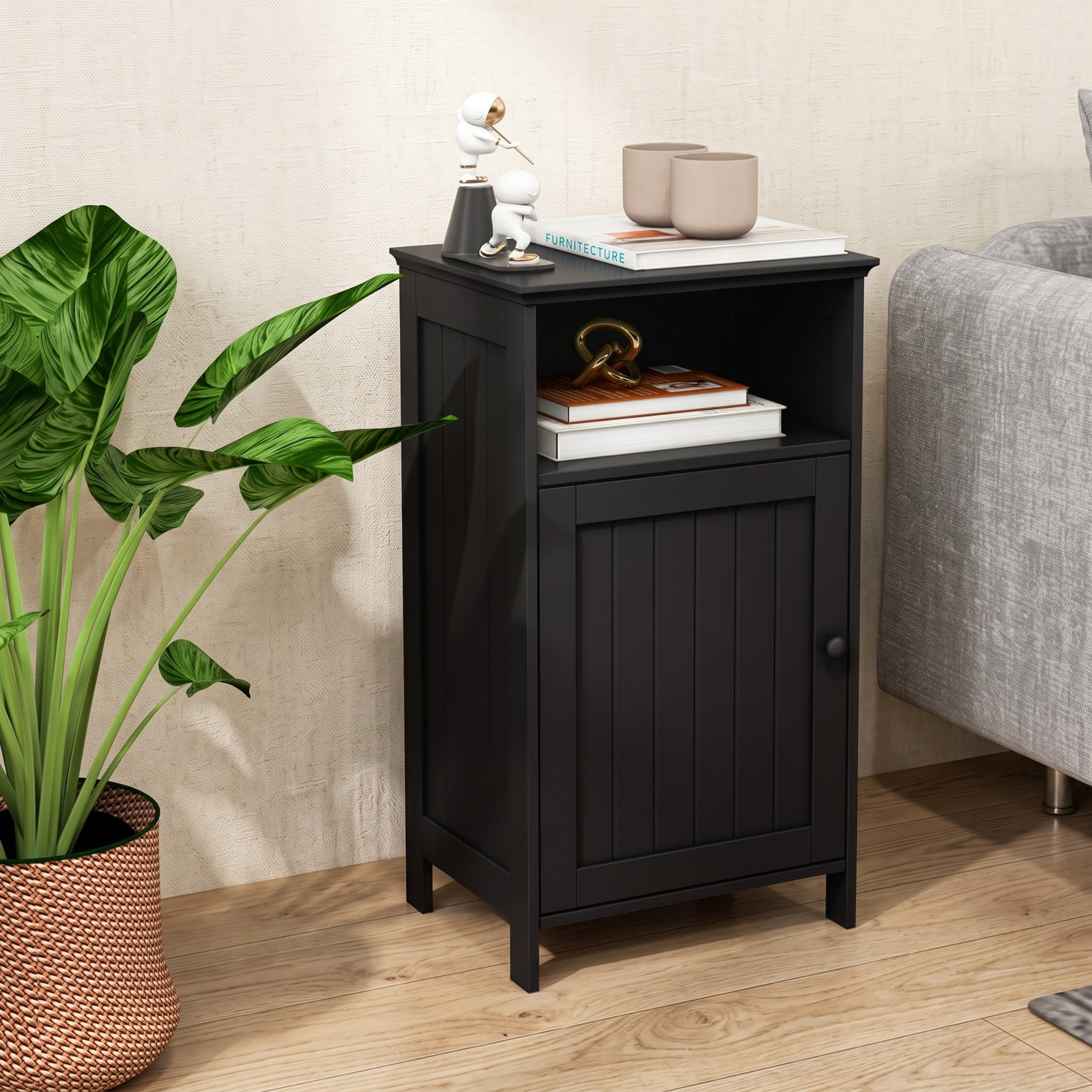 Fenbeli Bathroom Freestanding Floor Storage Cabinet with Adjustable Shelf and Open Cube, Waterproof MDF Side Organizer for Bathroom Living Room Bedroom Entryway, Black