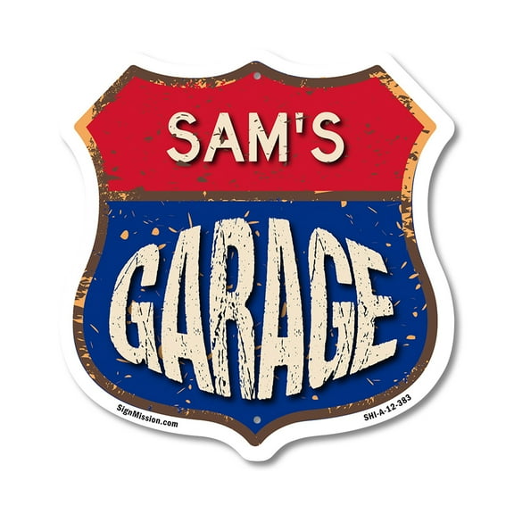 Sam's Garage 12 inch X 12 inch Shield-Shaped Rust-Free Aluminum Metal Sign Weather Resistant, UV Protected To last, Gift for Dads and Uncles Classic Americana Crafted in the USA