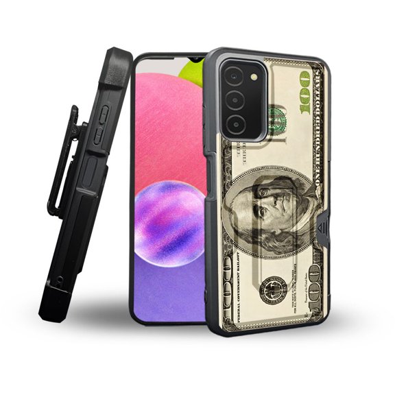 ANJ  Rugged Shockproof Holster Case Card Slot Kickstand   Tempered Glass Cover for Samsung Galaxy A03s - Hundred Dollar Bill