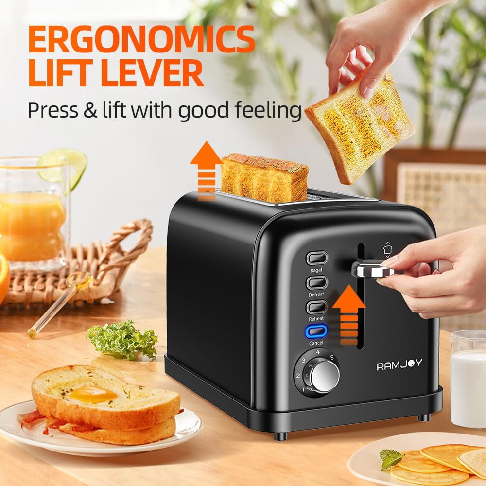 RAMJOY BLACK TOASTER 2 SLICE EXTRA WIDE SLOT TOASTER - BLACK