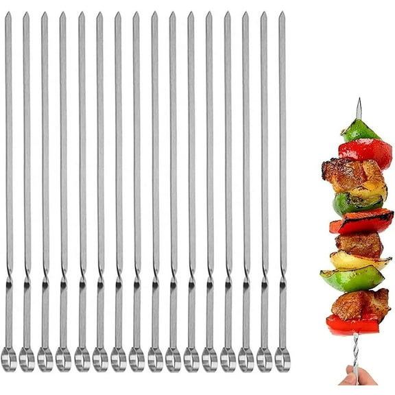 12 Pack Kebab Skewers BBQ Barbecue Skewers Stainless Steel Sticks Heavy Duty Large Wide Reusable with Nonslip Ring Handle Ideal for Shish Kebab Chicken Shrimp and Vegetables (15 inch)