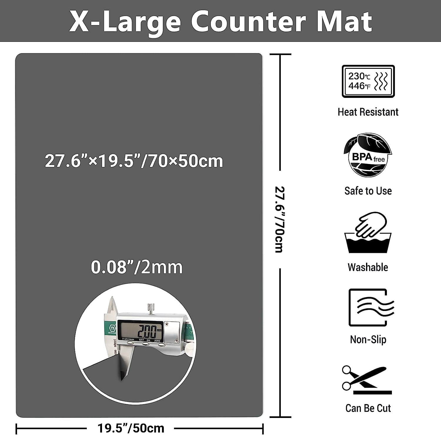 27.6x19.5 Inch Silicone Mats for Kitchen Counter - 2MM Thick Heat Resistant Silicone Baking Mat Large Pastry Mat, Glass Top Stove Cover Countertop Protector Pad for Coffee Maker, Crafts, Gray