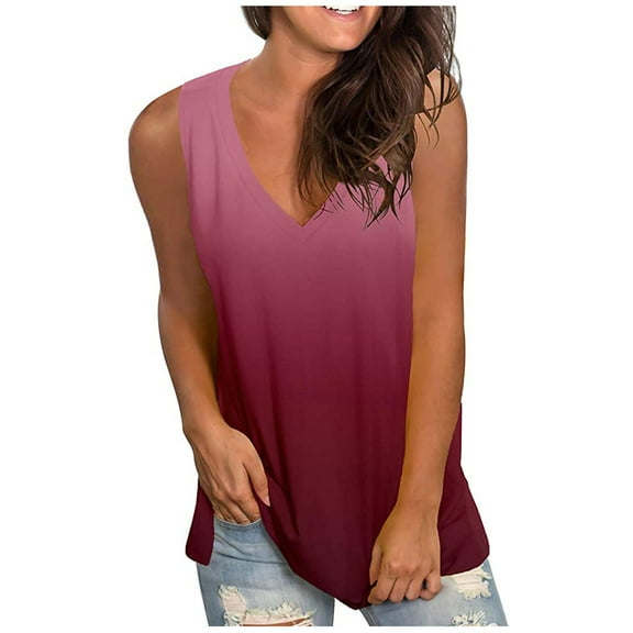 Zpanxa Womens Tank Tops Gradient Color V-Neck Sleeveless Tunic T-shirt Tops Blouse Red L