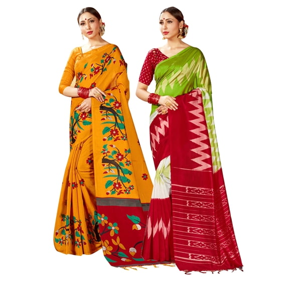Pack of Two Sarees for Women Mysore Art Silk Printed Indian Wedding Saree | Diwali Gift Combo Sari