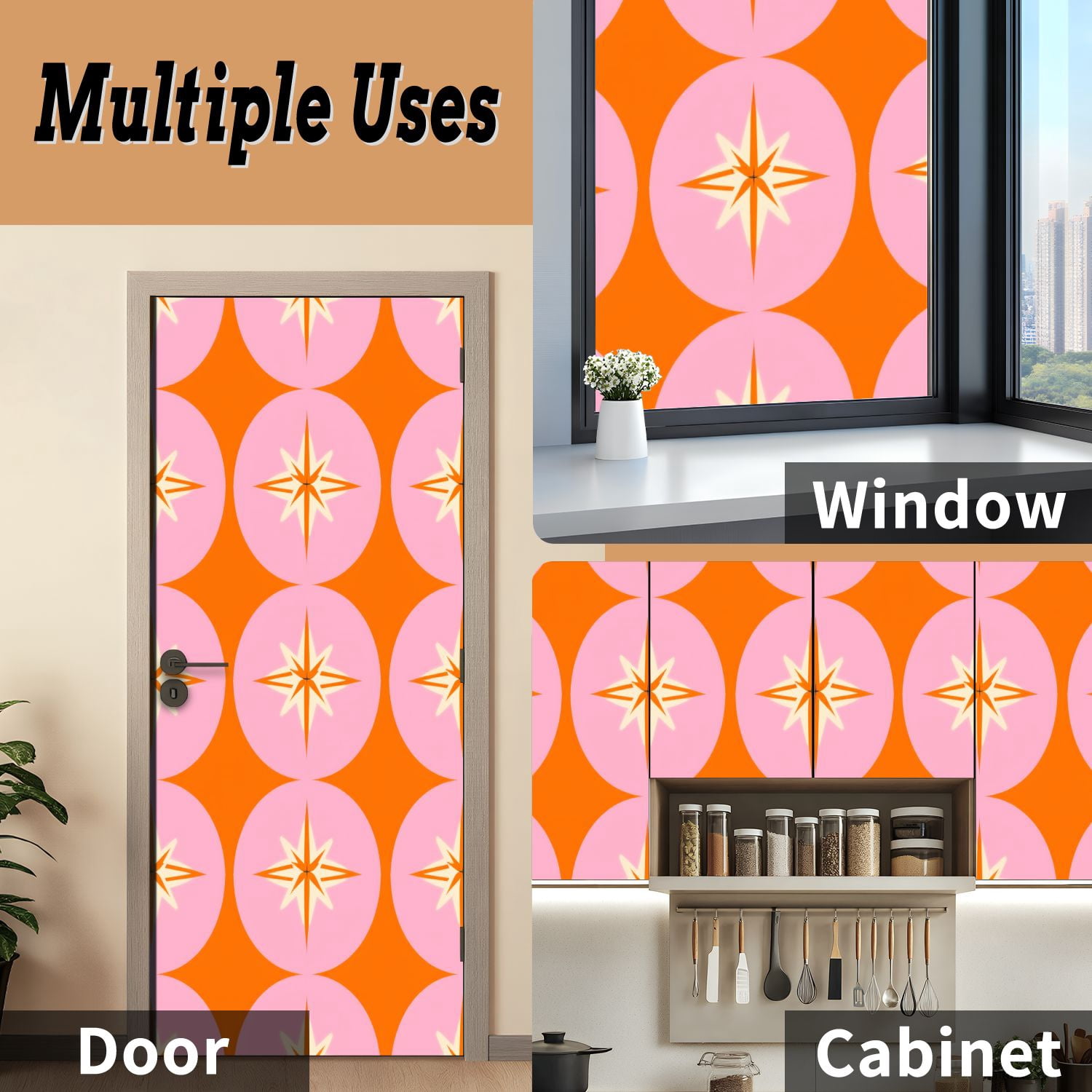 Self Adhesive Vinyl Refrigerator Wrap Set 50s Mid Century Modern Door Mural Removable Fridge Sticker Peel and Stick&nbsp;Full Door Cover Decal Kitchen Bar Decor