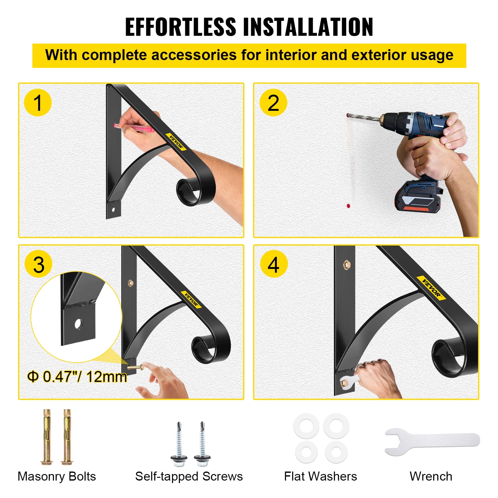 VEVOR 1 or 2 Steps Handrail Single Step Railings, Wall Mounted Metal Wrought Iron Hand Rail Railing, Handrail for Garage, Patio or Front Door Porch Steps
