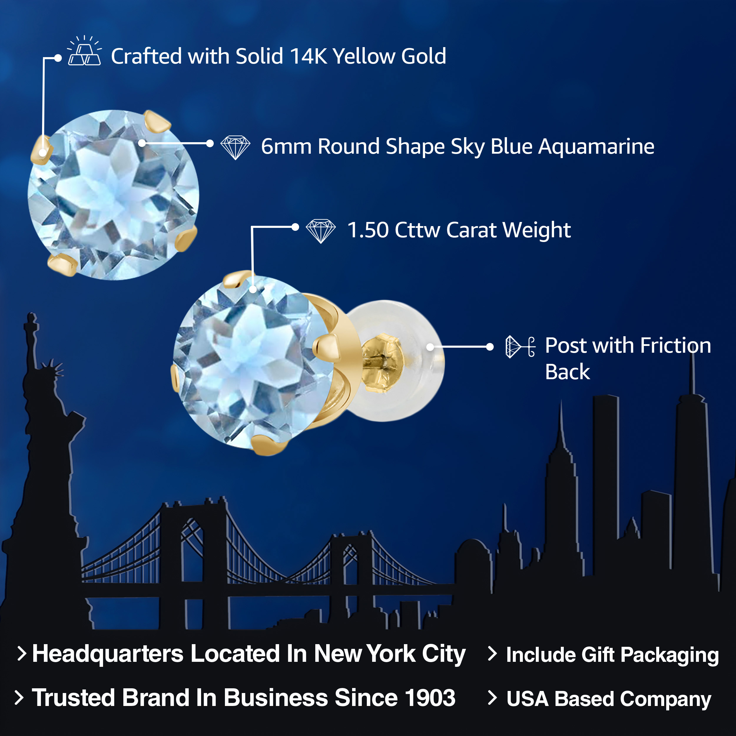 Gem Stone King 1.50 Ct Round Sky Blue Aquamarine 14K Yellow Gold 4-prong Stud Earrings for Women Men 6mm