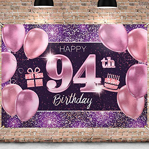 PAKBOOM Happy 94th Birthday Banner Backdrop - 94 Birthday Party Decorations Supplies for Women - Pink Purple Gold 4 x 6ft