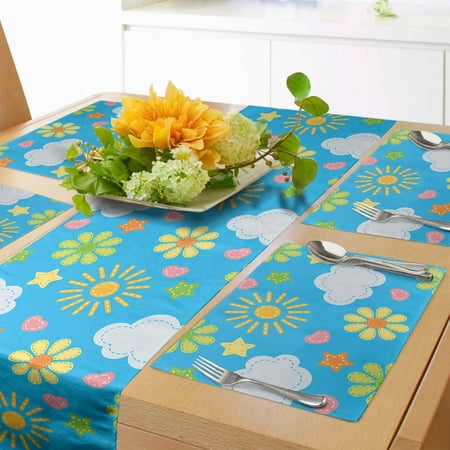 

Cartoon Table Runner & Placemats Theme Sun Sky Clouds Stars Hearts Stitched Look Floral Design Set for Dining Table Decor Placemat 4 pcs + Runner 12 x72 Sky Blue Multicolor by Ambesonne