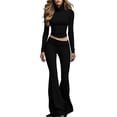 thumbnail image 2 of Idoravan sets for women clothing two piece casual Women Solid Color High Neck Long Sleeves Low-rises Bells-bottoms Suit, 2 of 7