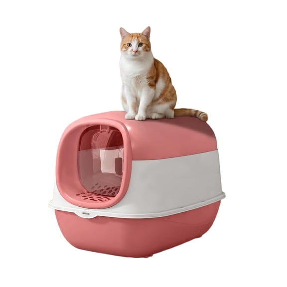 Enclosed Foldable Cat Litter Box with Lid and Scoop, Front Entry, Easy to Clean, Pink