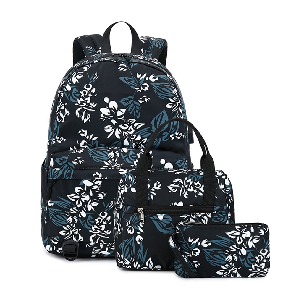 Kepooman 3 in 1 Women' s Portable Laptop Backpack with Lunch Box Pencil Case, Ladies Flower Prints School Bookbag Set for Outdoor Shopping Hiking, Black Kepooman 3 in 1 Women' s Portable Laptop Backpack with Lunch Box Pencil Case, Ladies Flower Prints School Bookbag Set for Outdoor Shopping Hiking, Black