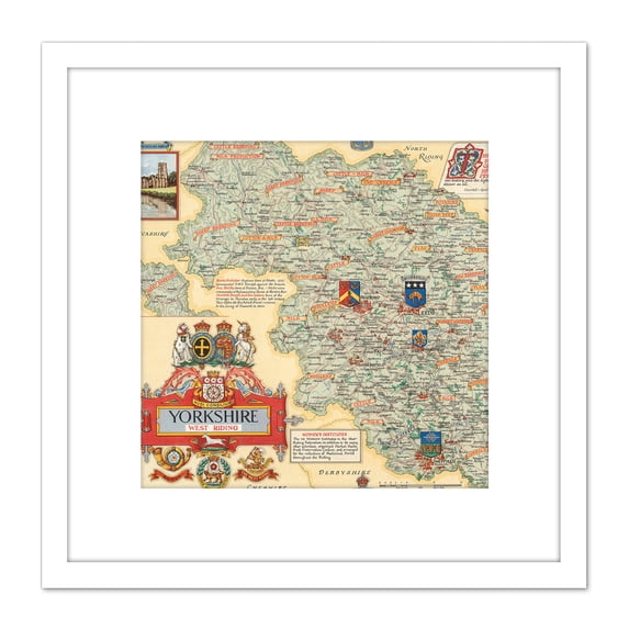 Map Clegg 1946 West Riding Yorkshire Pictorial 8X8 Inch Square Wooden Framed Wall Art Print Picture with Mount