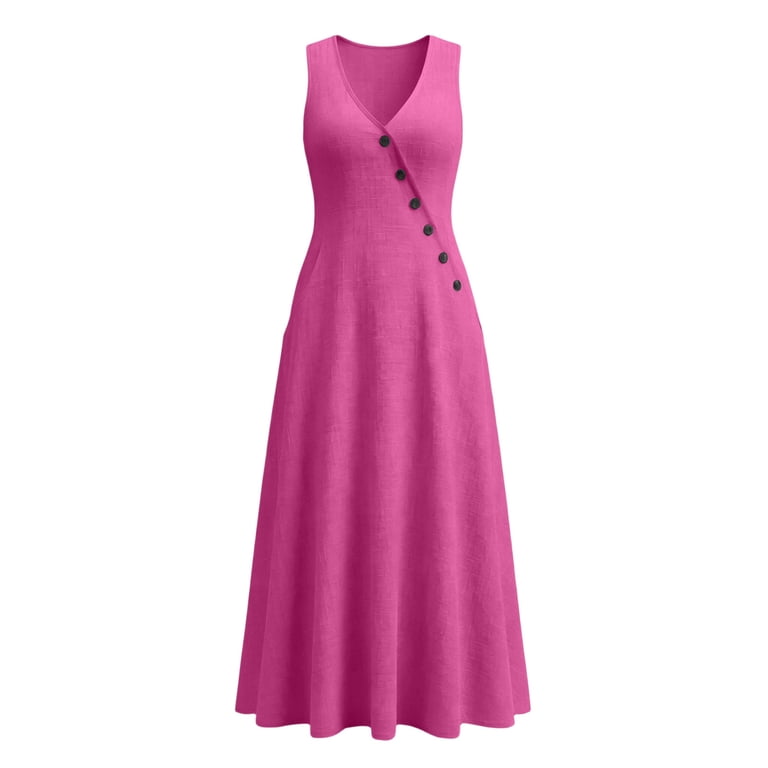 hot pink linen dress Atogsazn Womens V Neck Casual Button Sleeveless Maxi Dress Loose Fit Tank Dresses Trendy Xxxl Fashion, Women's, Size: 3XL model_dec21_tori