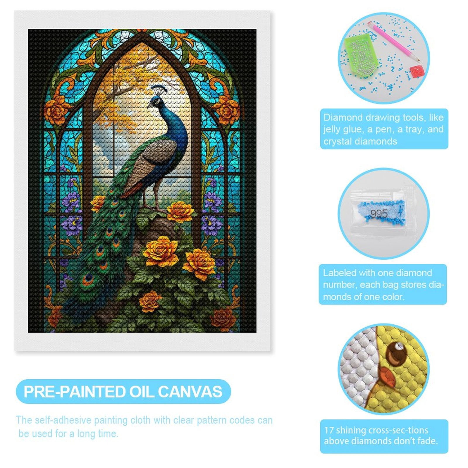 Diamond Art Kits for Adults, Majestic Bird Vibrant Stained Glass 5D Diamond Painting Kits for Adults Beginners, DIY Full Drill Diamond Painting, Gem Art and Crafts 12x16