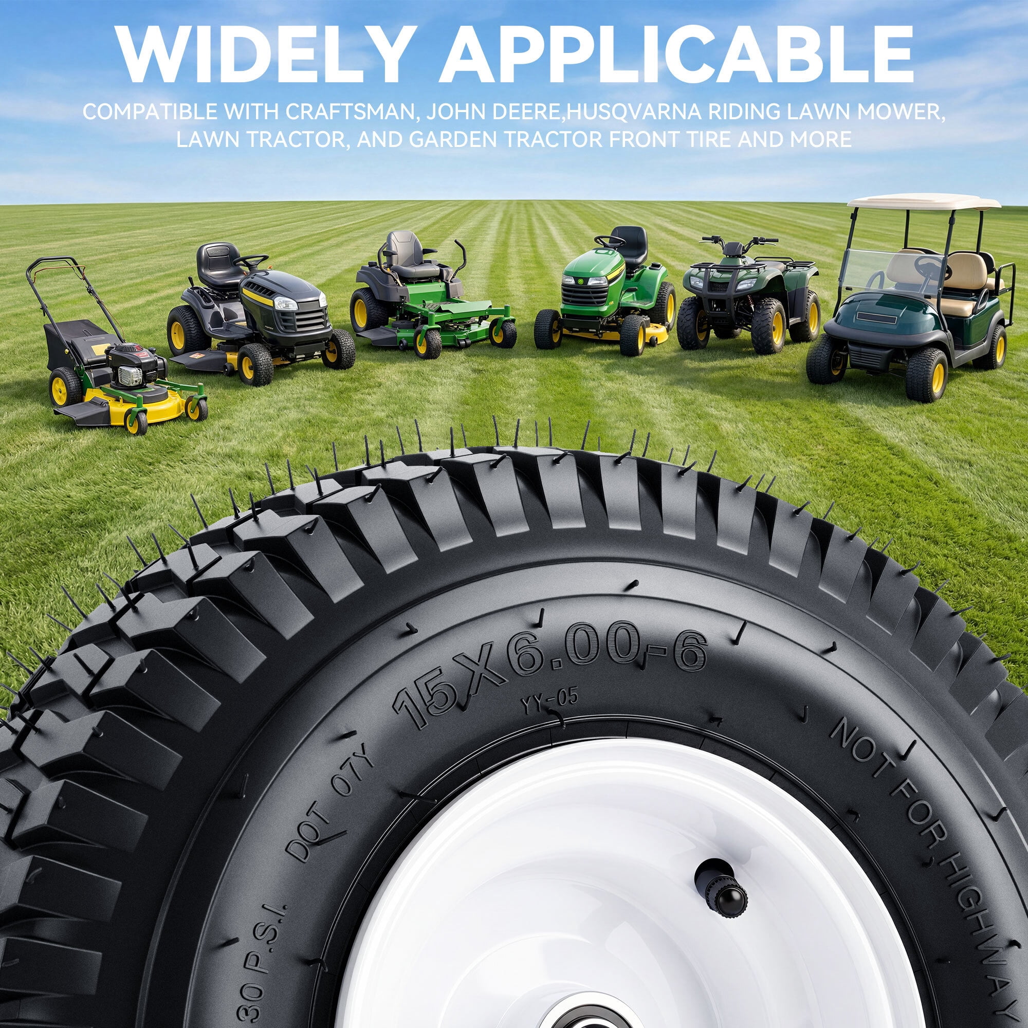 Uforic 15x6.00-6 Lawn Mower Tire & Wheel Assembly, 4 Ply Pneumatic Replacement Front Tires, 570 LBS Load Capacity, 3" Centered Hub 3/4" Bearings, Fits John Deere Riding Lawn Tractors, Set of 2