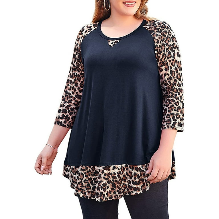 KZKR Plus Size Tunic for Women Leopard Print Color Block Tops Fall 3/4 Shirt Casual Tunics for Leggings - Walmart.com