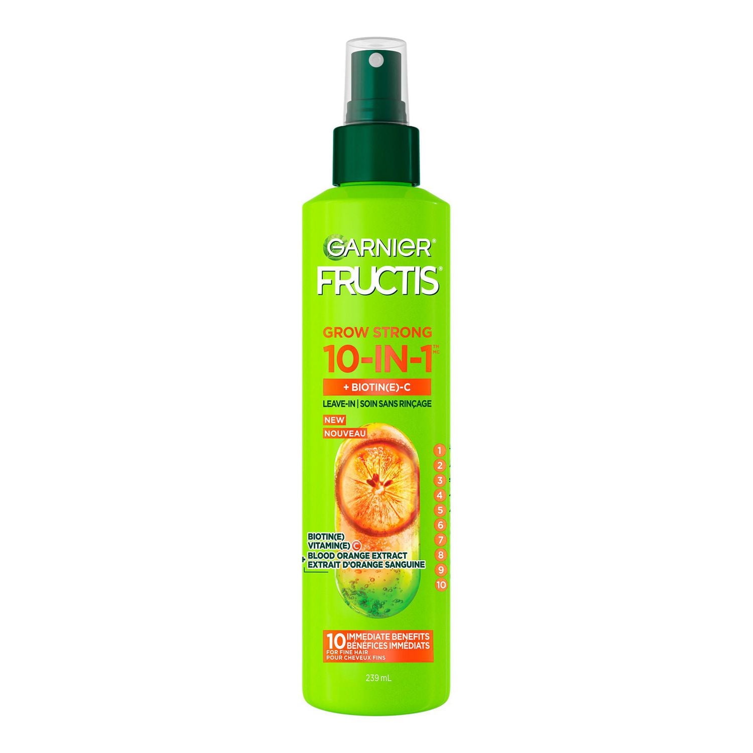 Garnier Fructis Grow Strong Thickening 10-in-1 Leave In Spray for Fine Hair, Heat Protectant, with Vitamin C, 239ml, Thicken hair feel