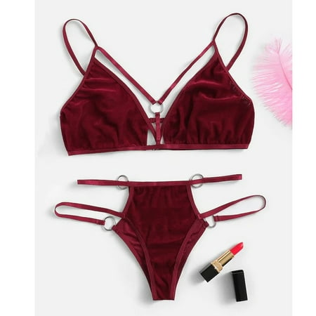 

VONCOS Women s Lace Sexy Erotic Underwear New Sexy Women Ring Linked Velvet Lingerie Set Hollowing V-Neck Bra With Thong